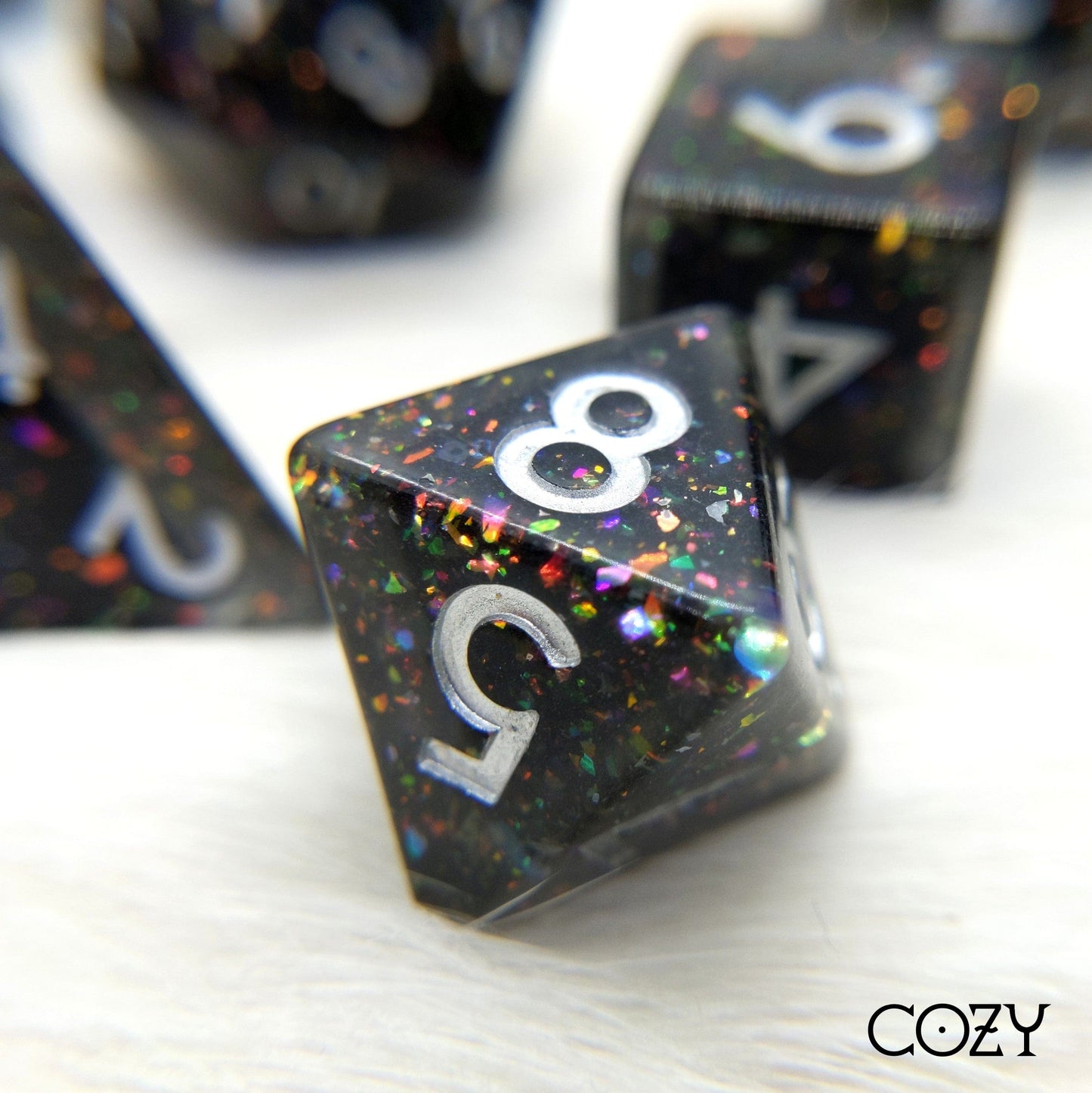 Black Rainbow Glitter Dice Set.