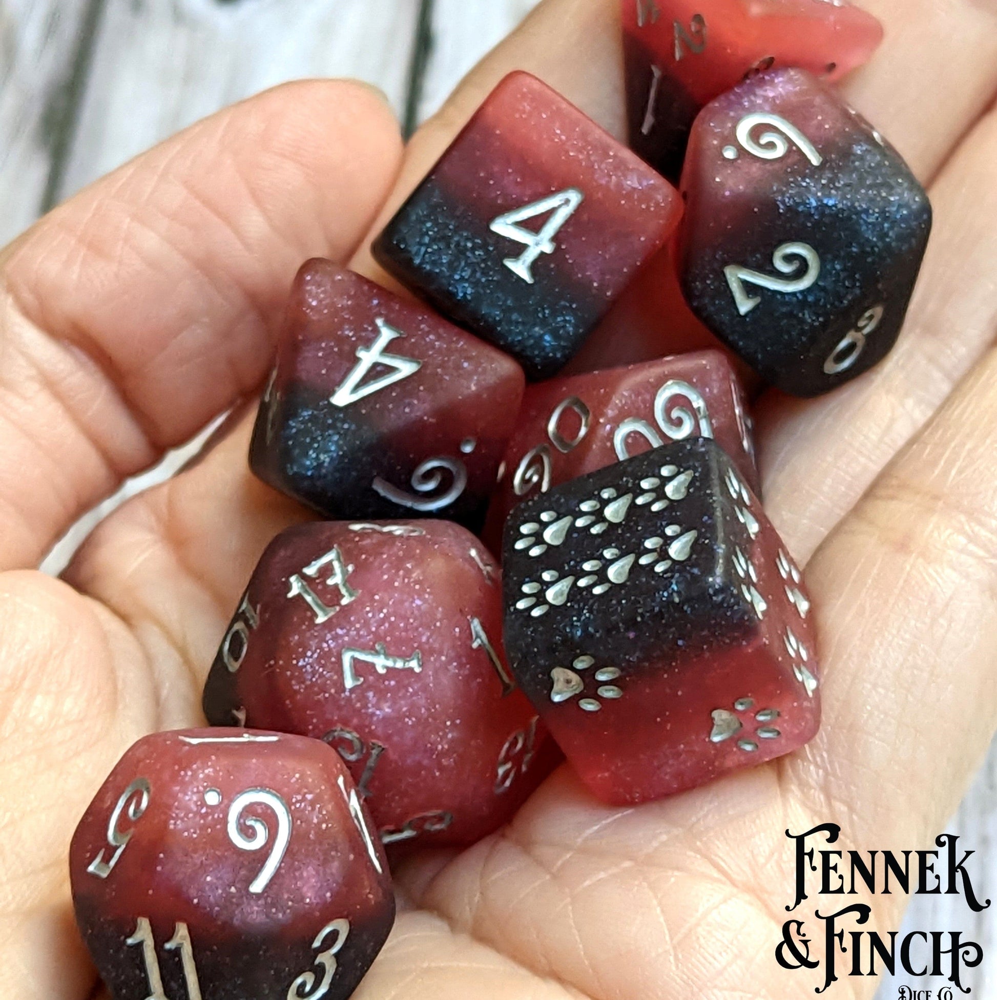 Blood and Pomegranate 8 Piece Dice Set. Red to black ombre frosted Dice sets Fennek and Finch