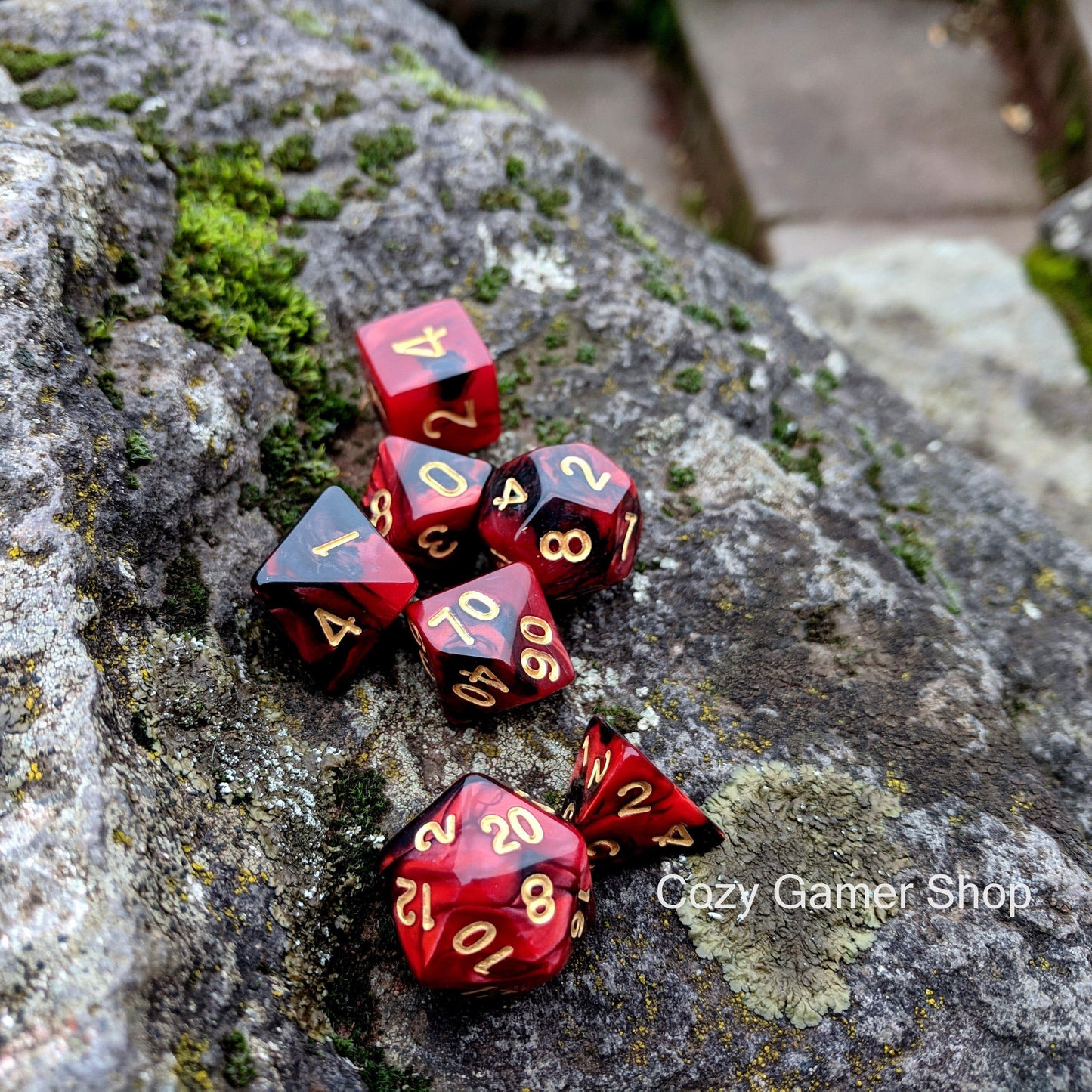 Blood Dice Set, Red and Black Marbled 7 Piece D&D Dice Set - CozyGamer