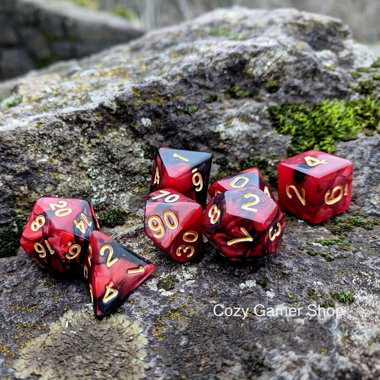 Blood Dice Set, Red and Black Marbled 7 Piece D&D Dice Set - CozyGamer