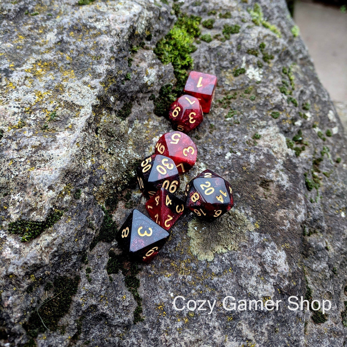 Blood Ruby Dice Set, Black and Red 7 Piece D&D Dice Set Dice sets Fennek and Finch