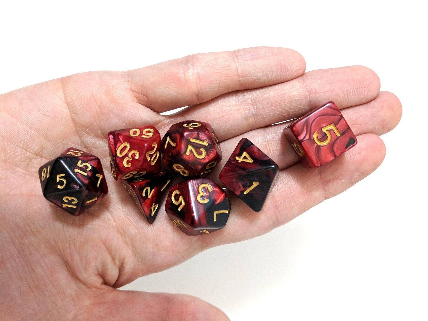 Blood Witch Dice Set, Red and Black Marbled 7 Piece D&D Dice Set - CozyGamer