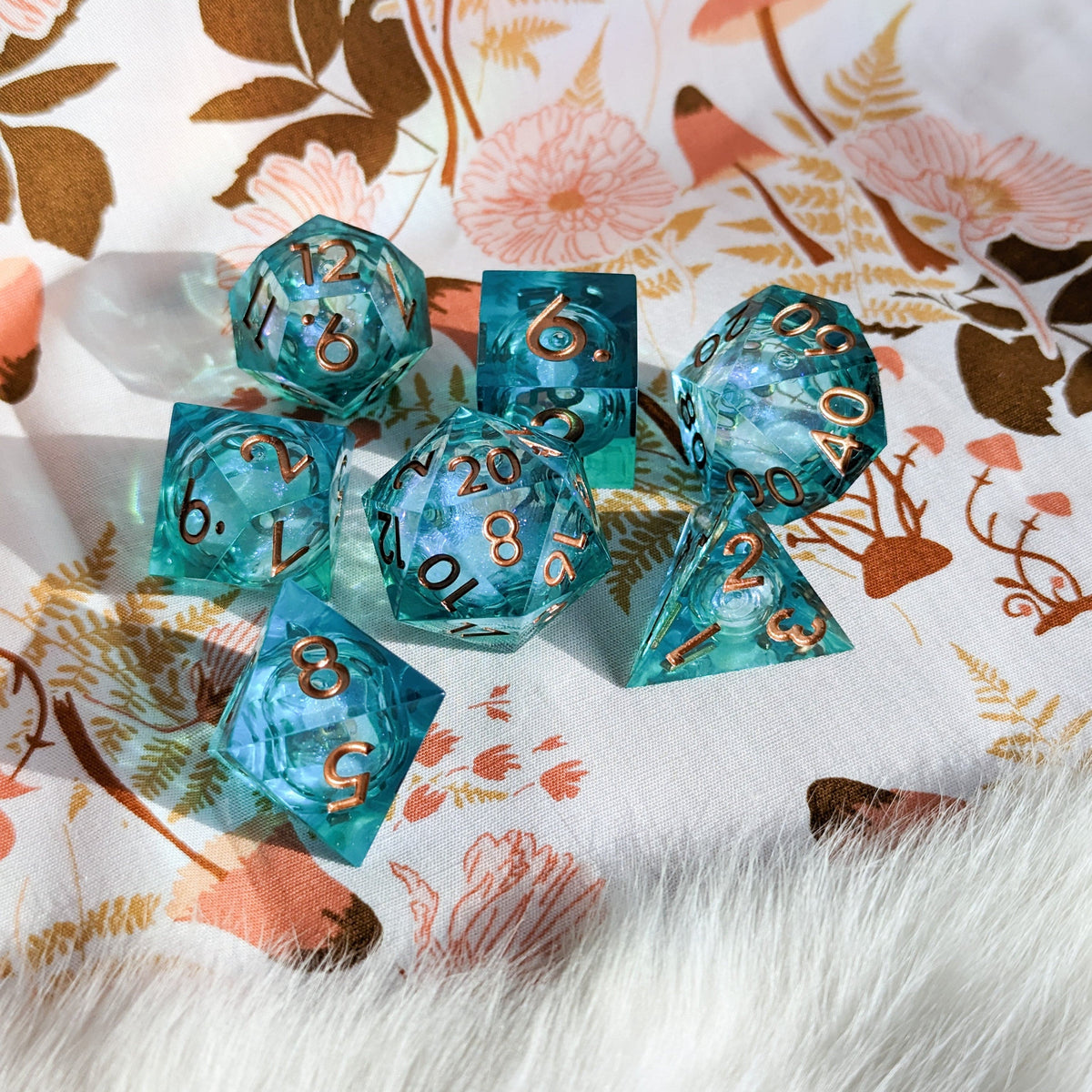 Blue and Green Liquid Core Sharp Edge Resin DnD Dice Set Dice Sets & Games Fennek and Finch