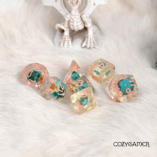 Blue and White Dried Flowers Dice Set with Salmon Font Dice Sets & Games Fennek and Finch