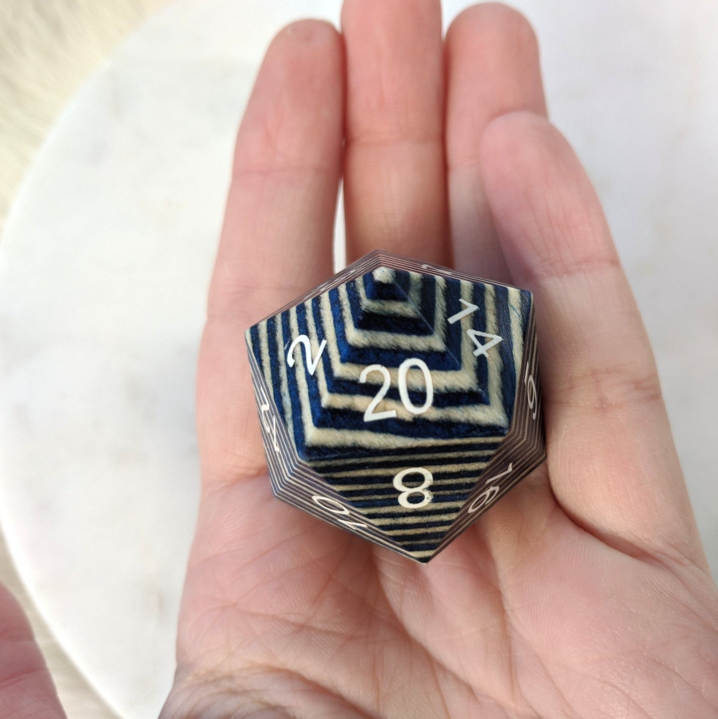 Blue and White Stripe Large Wood D20 Dice sets Fennek and Finch