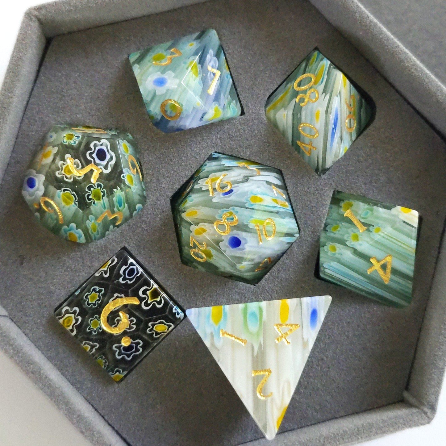 Blue and Yellow Flower Glass Dice Set. Semi Precious Gemstone 7 Piece TTRPG Dice - CozyGamer