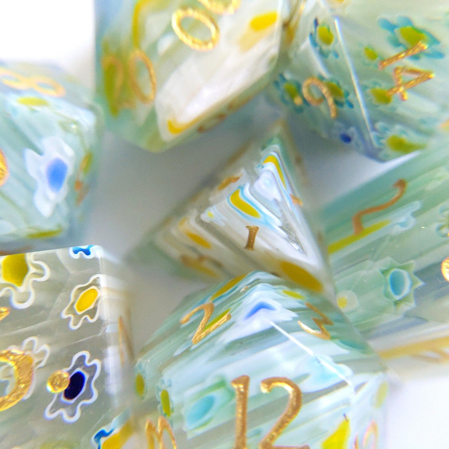 Blue and Yellow Flower Glass Dice Set. Semi Precious Gemstone 7 Piece TTRPG Dice - CozyGamer