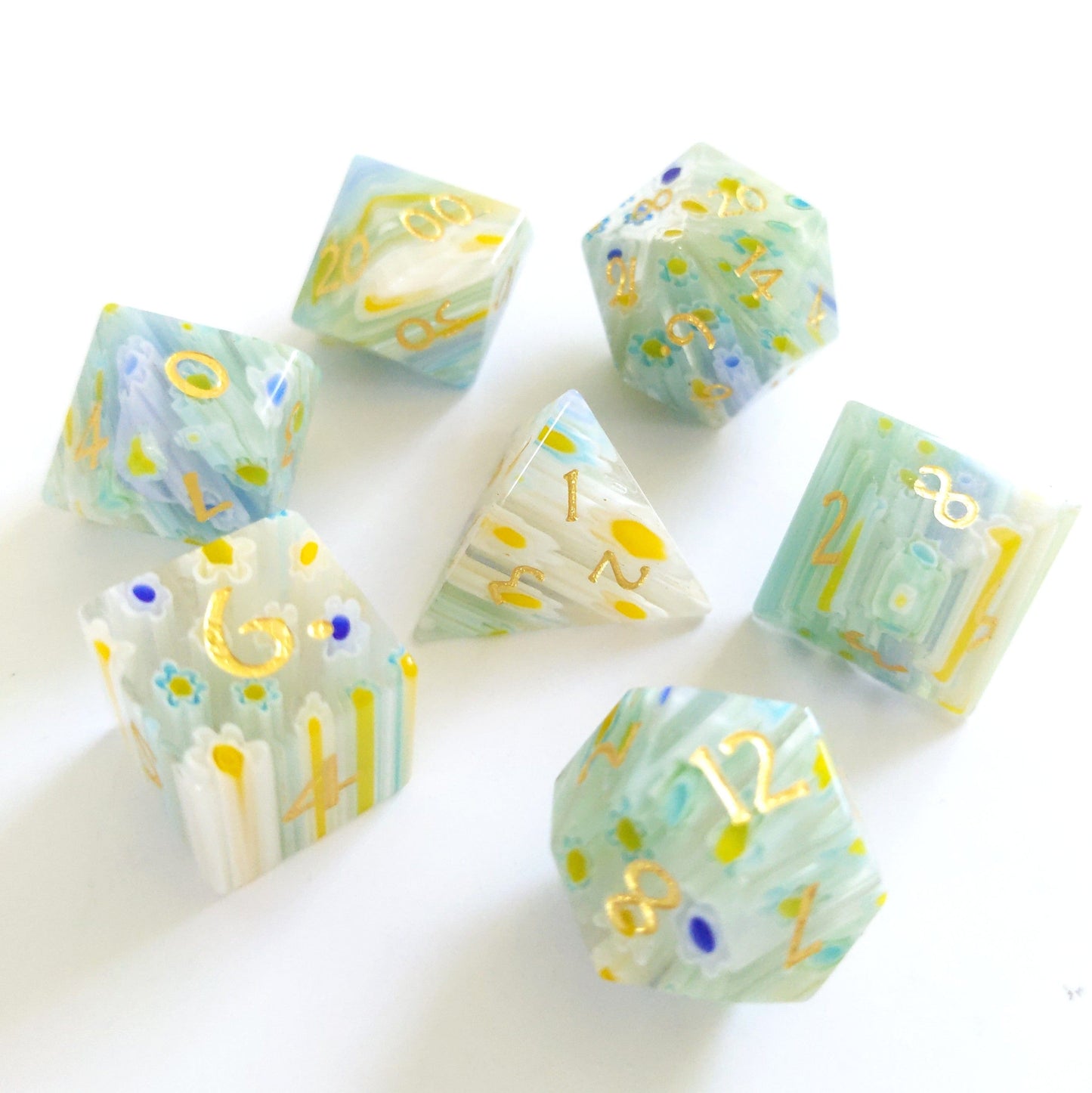Blue and Yellow Flower Glass Dice Set. Semi Precious Gemstone 7 Piece TTRPG Dice - CozyGamer