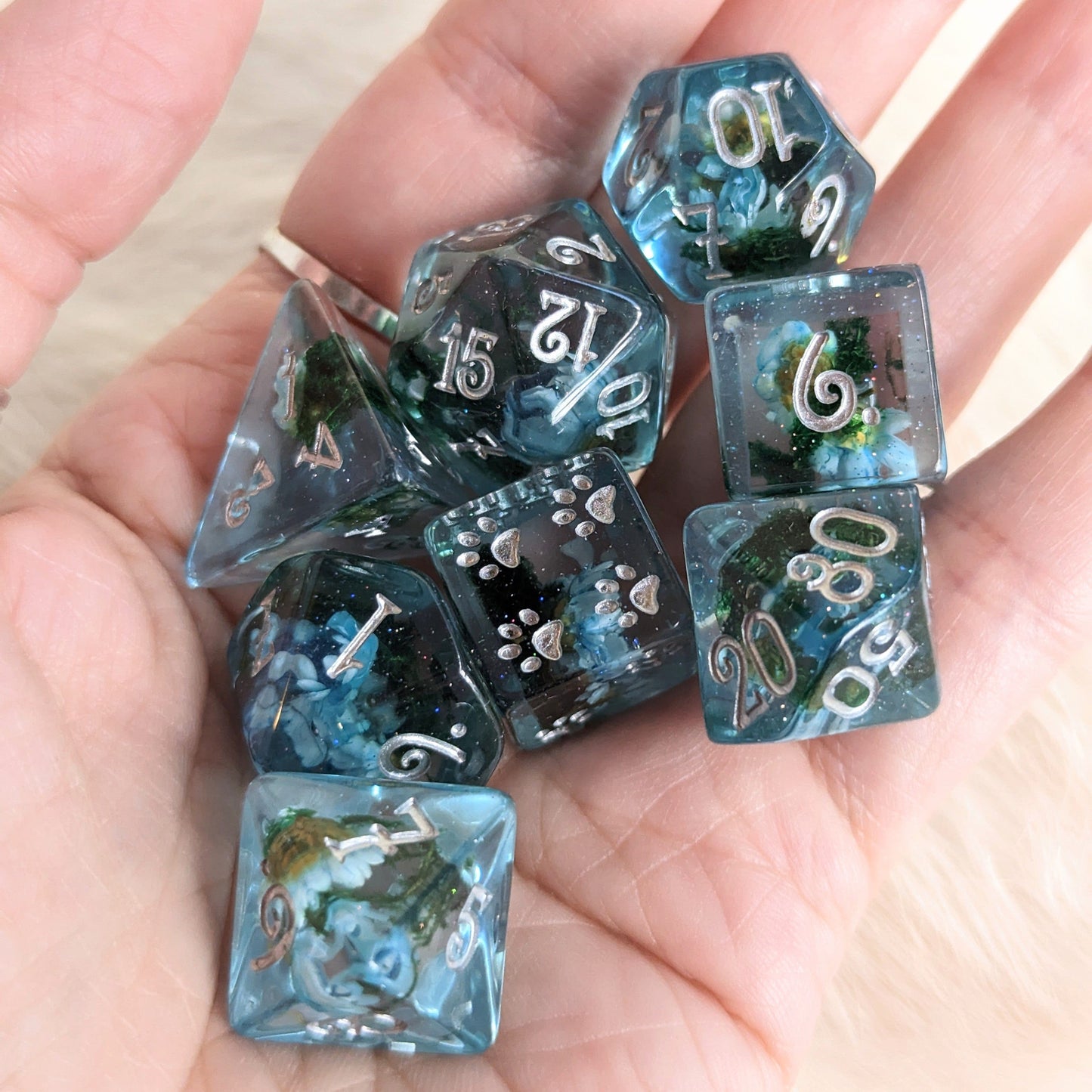 Blue Flower and Moss DND Dice Set with Dried Flowers and Glittering Resin