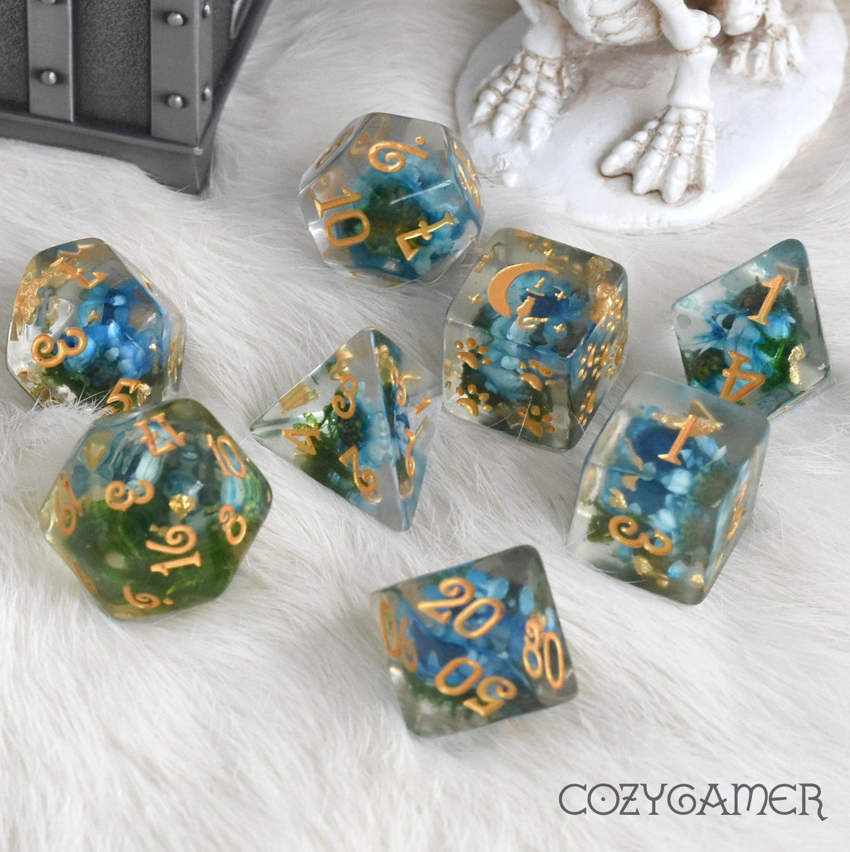 Blue Flower and Moss Dice Set. 8 Piece Dried Floral Dice Set Dice sets Fennek and Finch