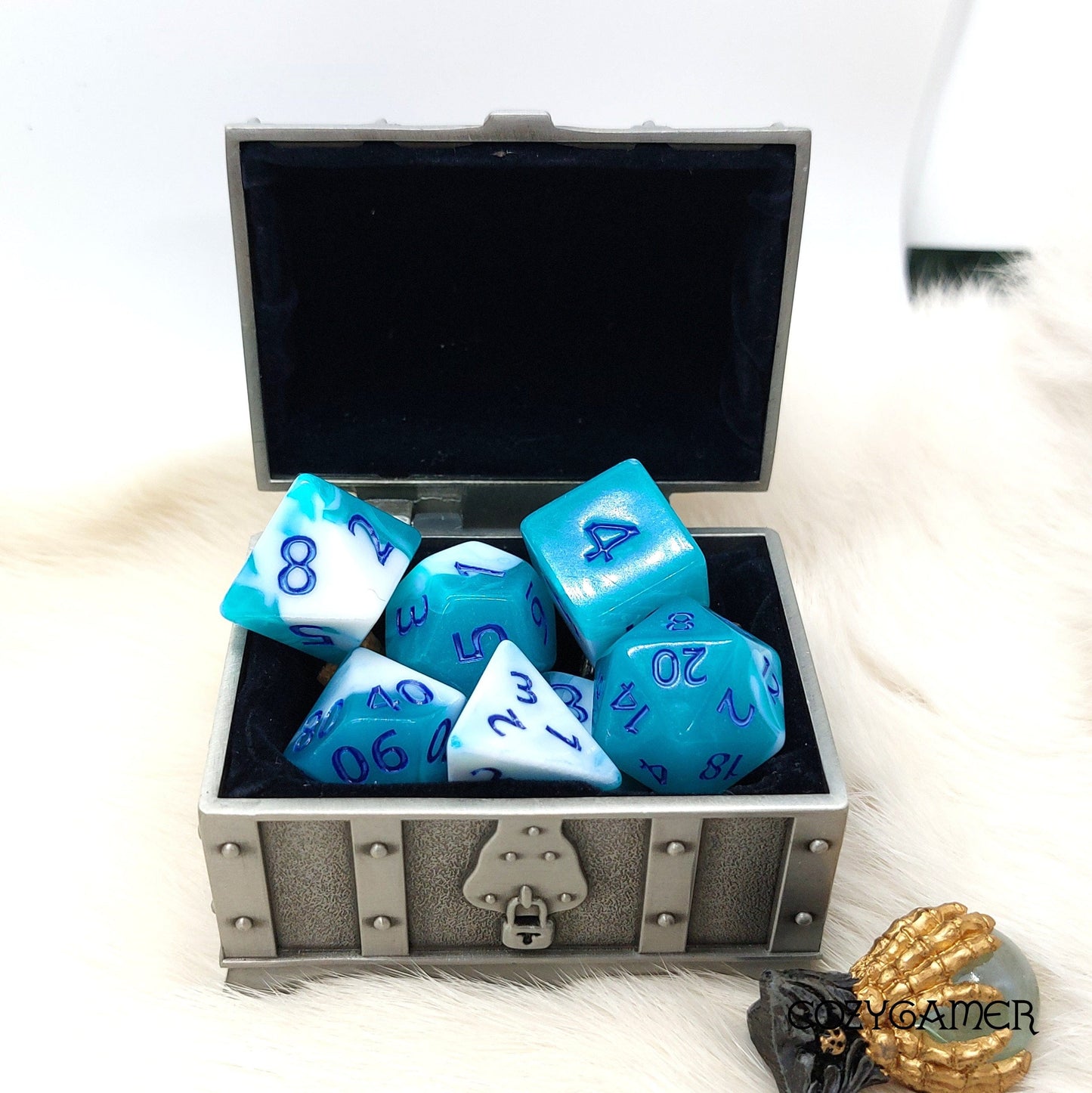 Blue Ocean DnD Dice Set in silver chest, blue and white marbled acrylic design, suitable for Dungeons and Dragons and TTRPGs.