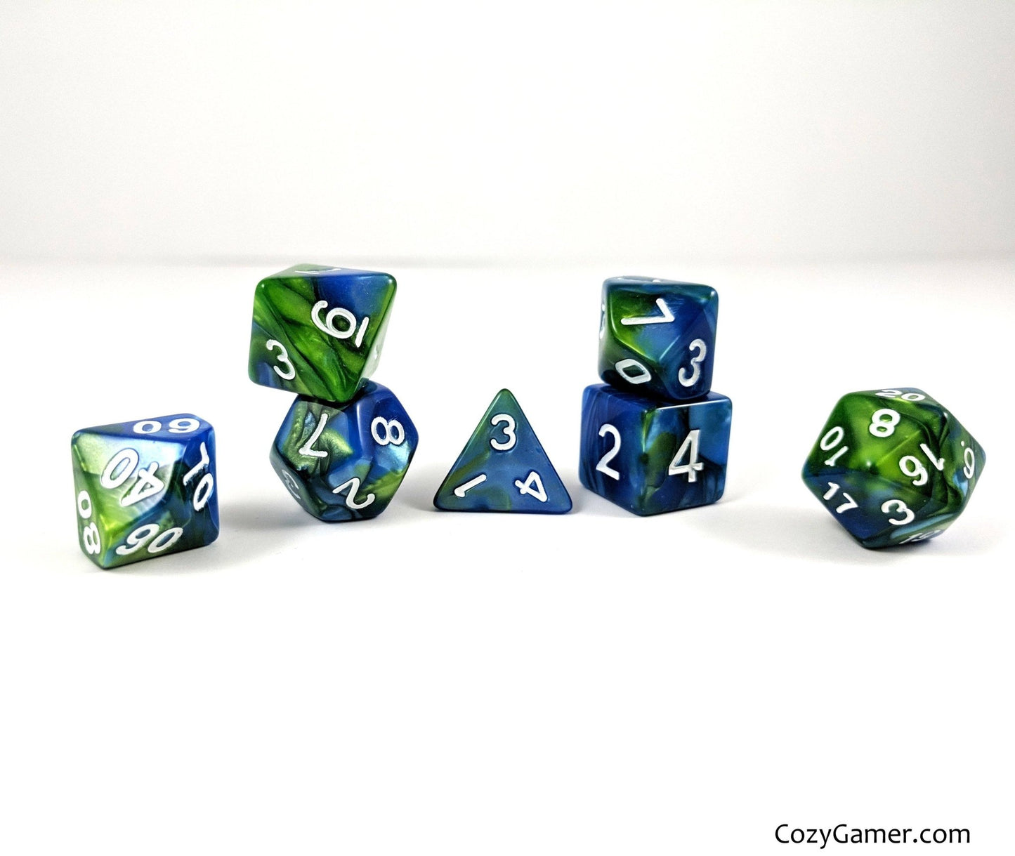Blue Planet Dice Set – 7 - Piece Pearly Blue Green DnD Dice White Numbers - Fennek and Finch