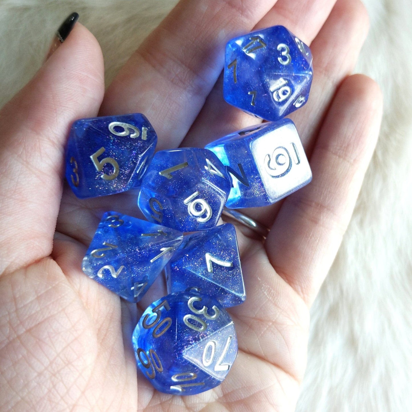 Blue Veil Dice Set – 7-Piece Translucent Blue Shimmer DnD Dice Dice Sets & Games Fennek and Finch