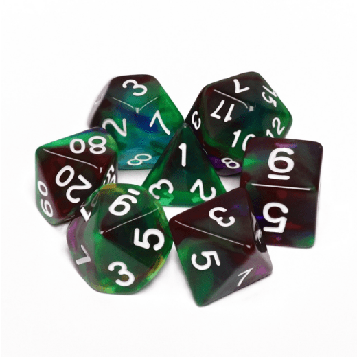 "Bottom of the Sea DnD Dice Set in marbled green and red resin for Dungeons and Dragons and tabletop games."