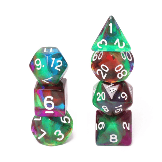 Marbled resin DnD dice set in clear, blue, purple, green, and red, perfect for Dungeons and Dragons and Magic the Gathering games.