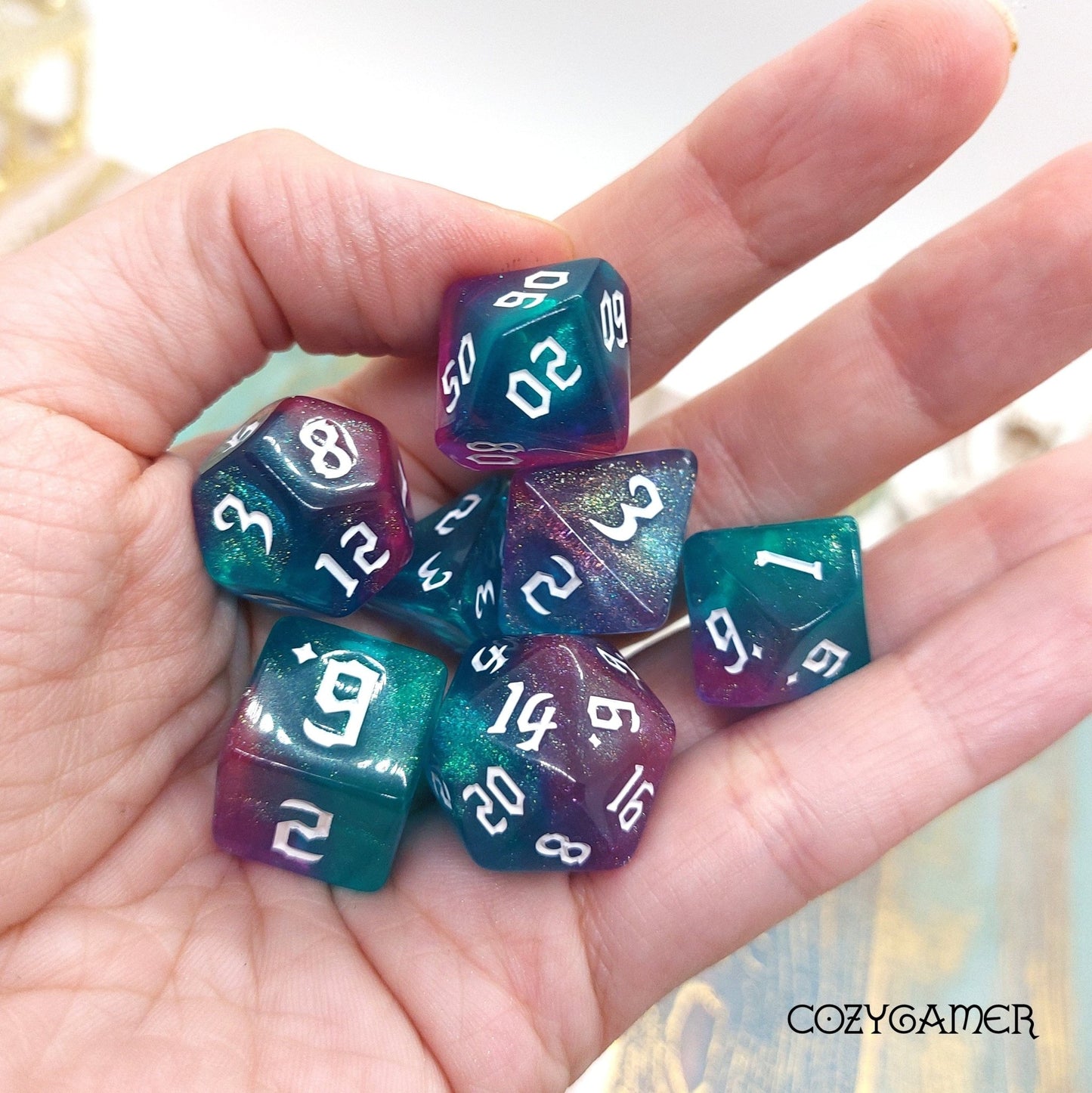 Bright Bolt Dice Set – 7 - Piece Marbled Blue Purple Glitter DnD Dice - Fennek and Finch