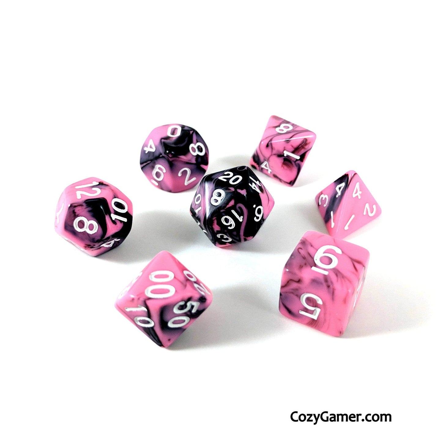 Bright Encounter DnD Dice Set, Black and Pink Marble Dice - CozyGamer
