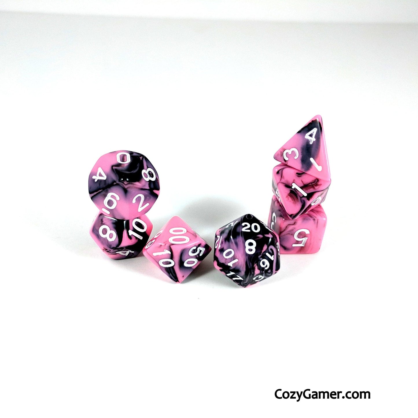 Bright Encounter DnD Dice Set, Black and Pink Marble Dice - CozyGamer