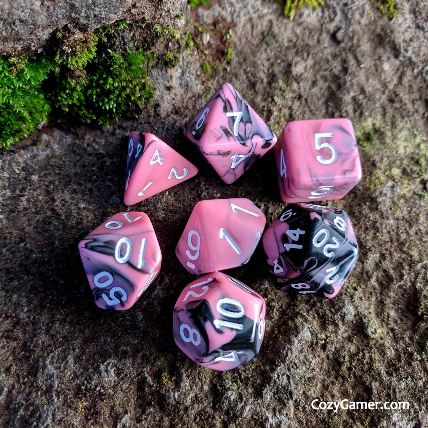 Bright Encounter DnD Dice Set, Black and Pink Marble Dice - CozyGamer