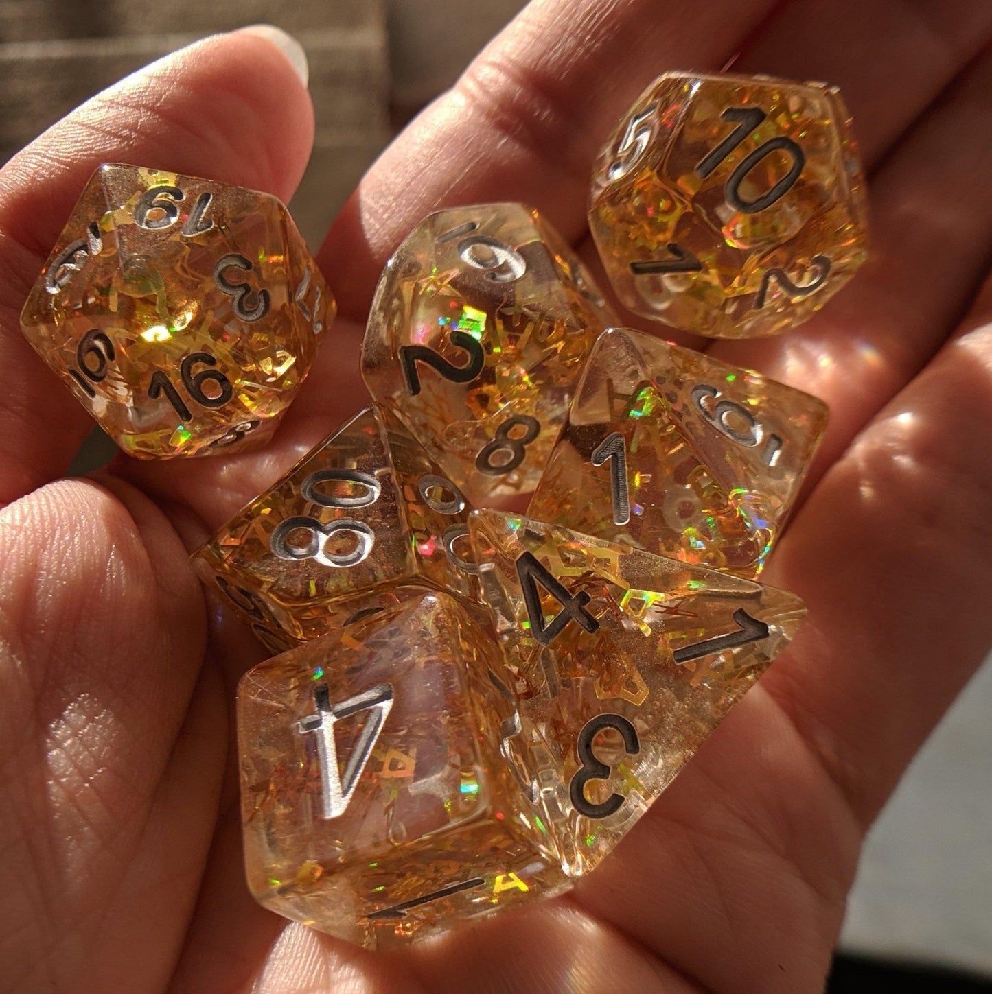 Bring Your A Game Dice Set – 7 - Piece Rainbow A - Shaped Glitter | Fennek & Finch - Fennek and Finch