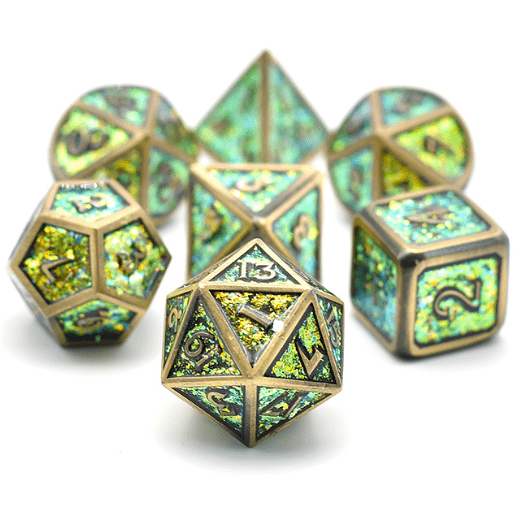 Bronze Green and Gold Metal DnD Dice Set with color shifting glitter, ideal for Dungeons and Dragons and tabletop games.