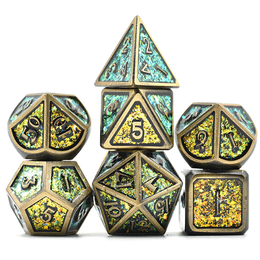 Bronze borders and color-shifting green and gold glitter metal DnD dice set for tabletop games like Dungeons and Dragons.