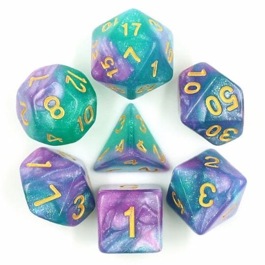 Byzantium Dice Set. Blue, purple, and green glittering galaxy dice - CozyGamer