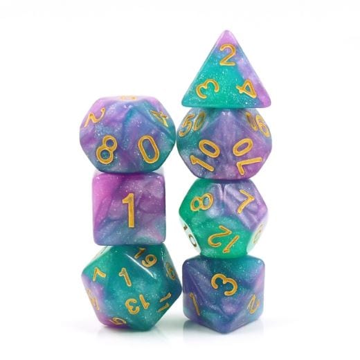 Byzantium Dice Set. Blue, purple, and green glittering galaxy dice - CozyGamer