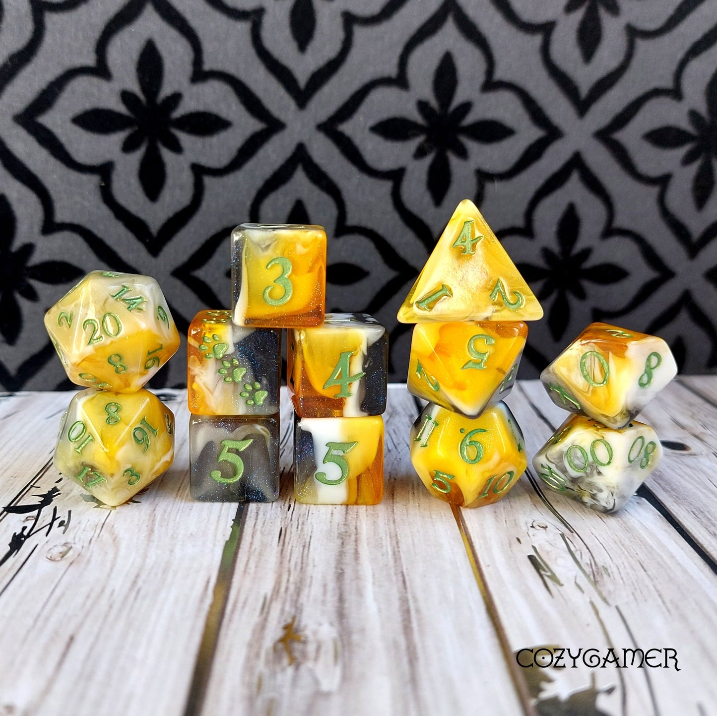 Calico Cat Dice Set, Marbled Orange, Black, and White Cat themed DND Dice. 12 Piece, 8 Piece, D10, and D6 Sets Dice sets Fennek and Finch