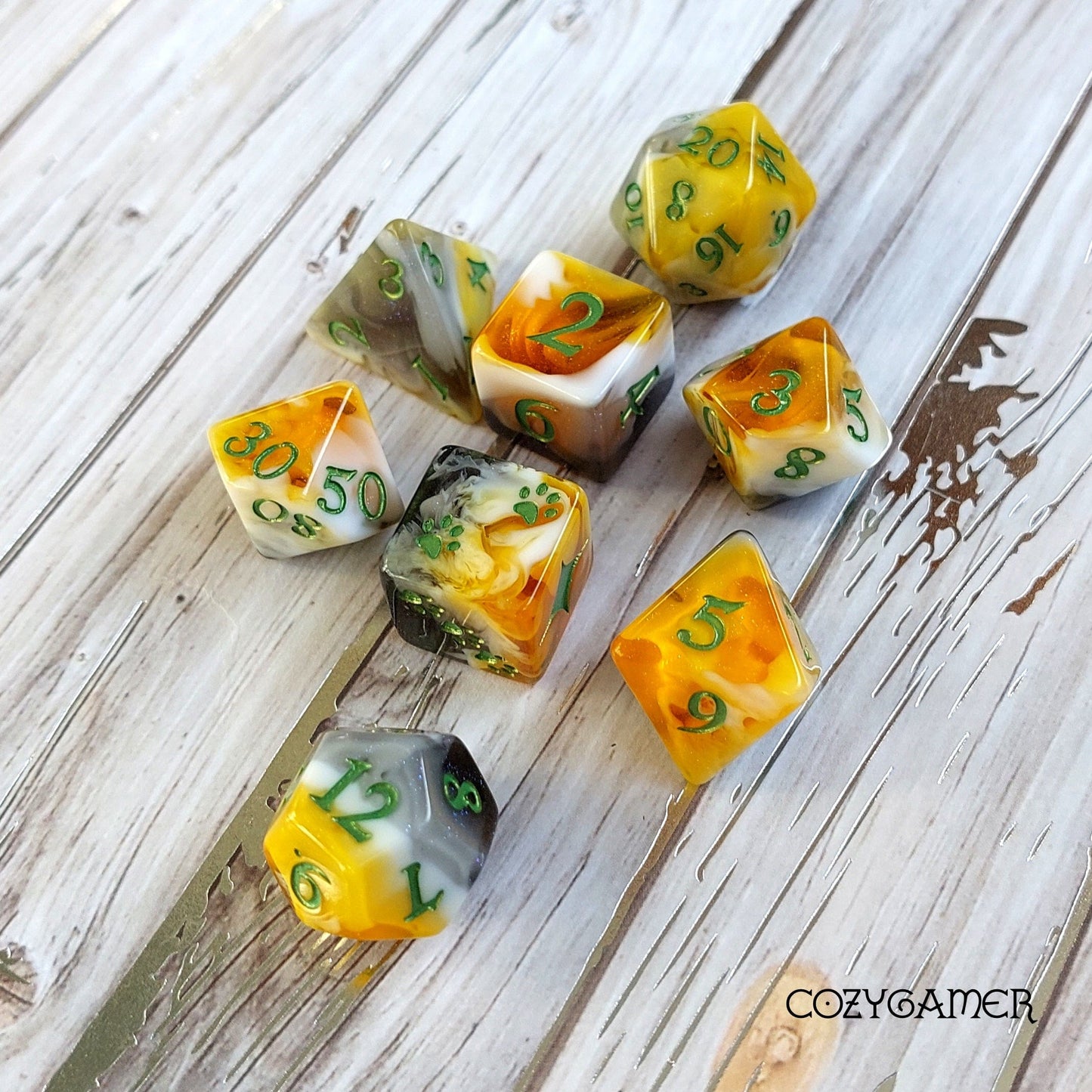 Calico Cat Dice Set, Marbled Orange, Black, and White Cat themed DND Dice. 12 Piece, 8 Piece, D10, and D6 Sets Dice sets Fennek and Finch 8 Piece Set