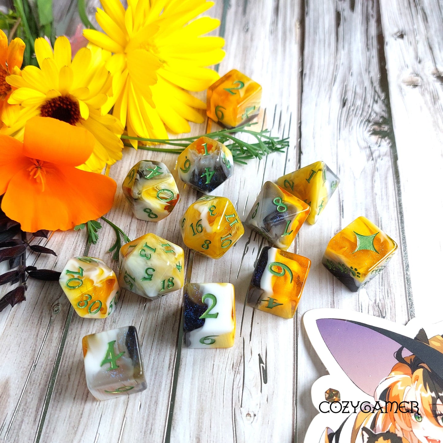 Calico Cat Dice Set, Marbled Orange, Black, and White Cat themed DND Dice. 12 Piece, 8 Piece, D10, and D6 Sets Dice sets Fennek and Finch 12 Piece Set