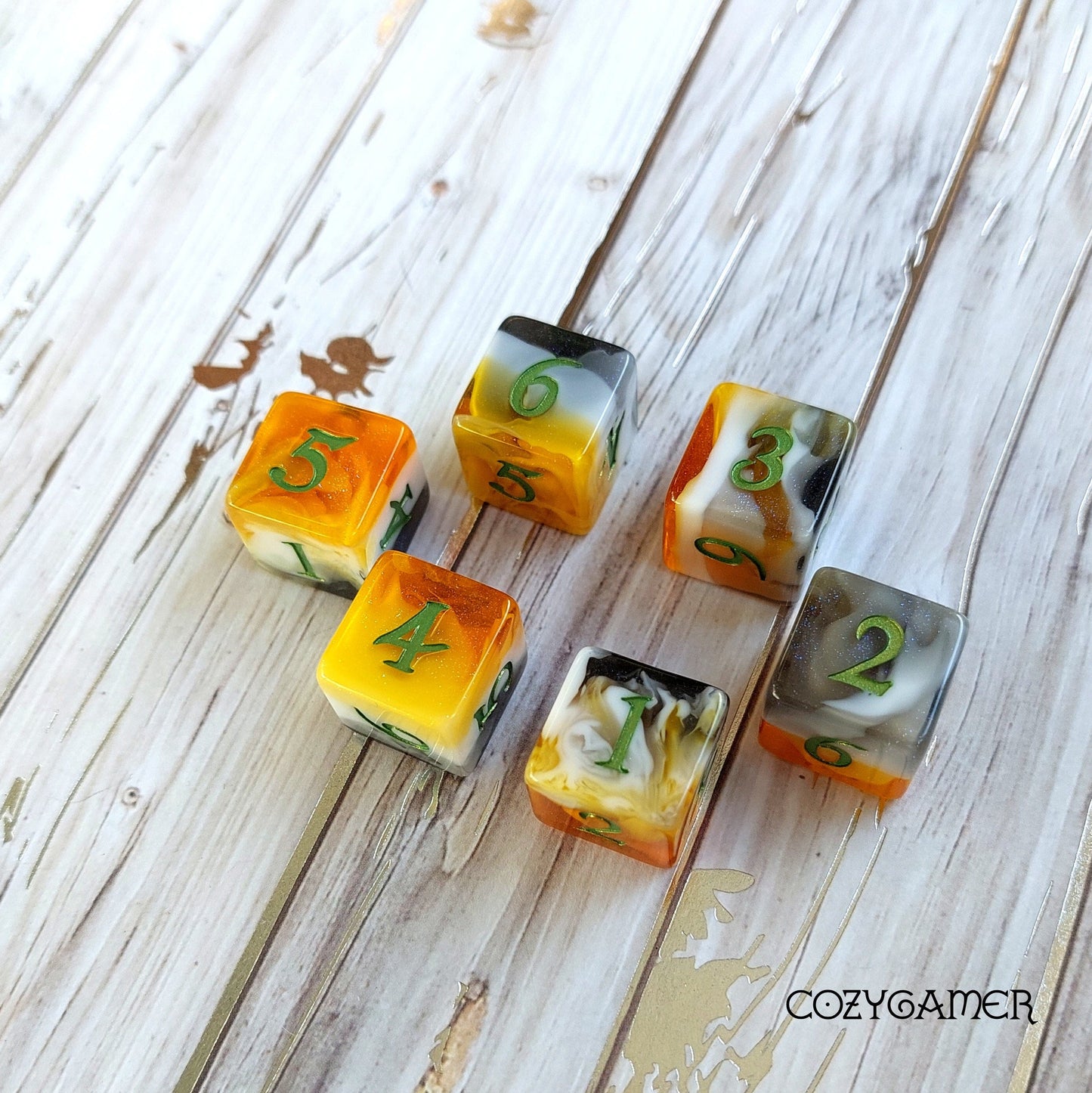 Calico Cat Dice Set, Marbled Orange, Black, and White Cat themed DND Dice. 12 Piece, 8 Piece, D10, and D6 Sets Dice sets Fennek and Finch D6 Set