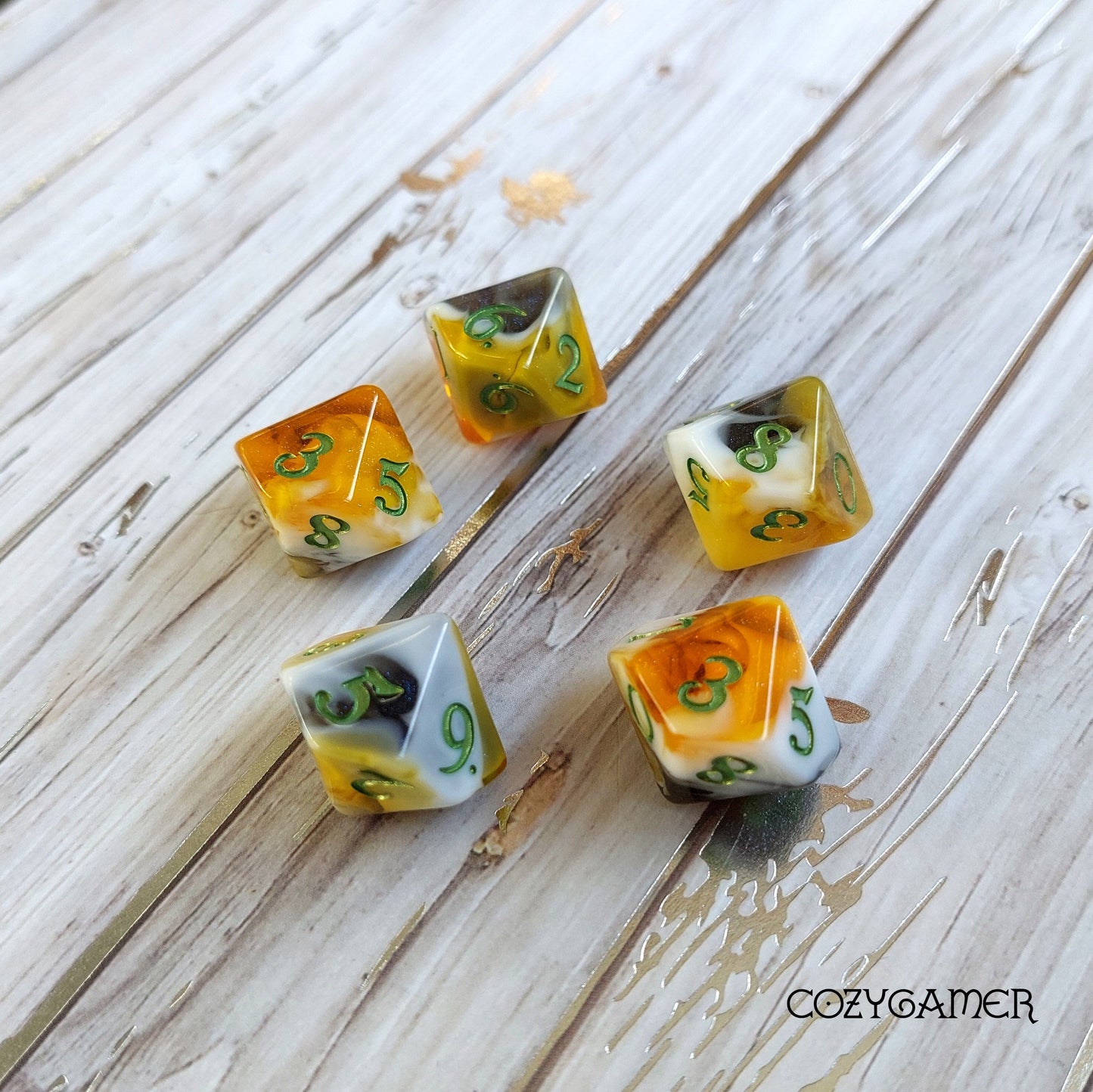 Calico Cat Dice Set, Marbled Orange, Black, and White Cat themed DND Dice. 12 Piece, 8 Piece, D10, and D6 Sets Dice sets Fennek and Finch D10 Set