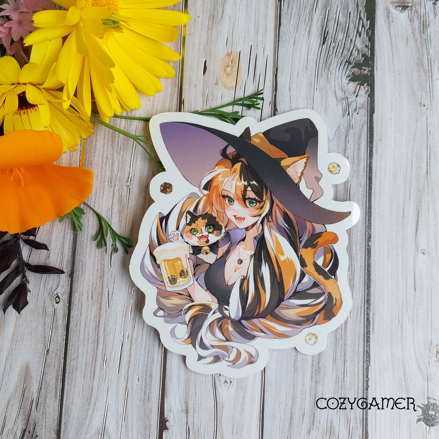 Calico Cat Witch Brewster Sticker with colorful flowers on wooden background