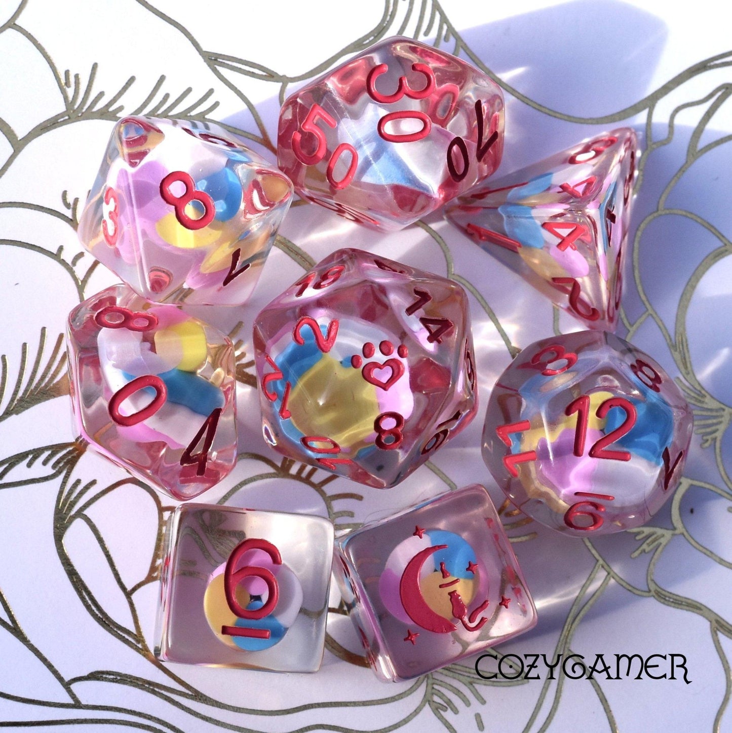 Candy Swirl Dice Set. 8 Piece pink white and blue candy dice set. Dice sets Fennek and Finch