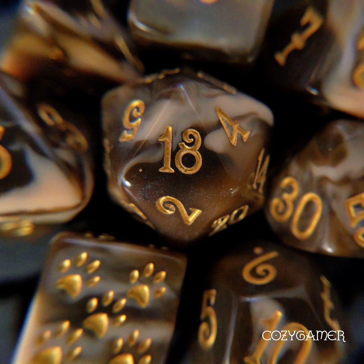Caramel Macchiato Dice Set. 8 Piece Chocolate Resin TTRPG Dice Set