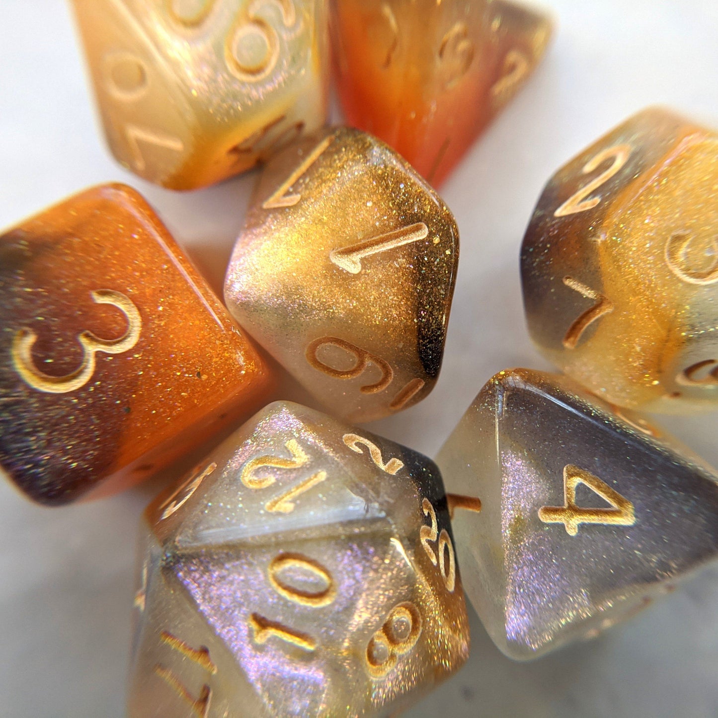 Cat Claws Dice Set. Orange, White, and Black Marbled Micro Shimmer Dice sets Fennek and Finch