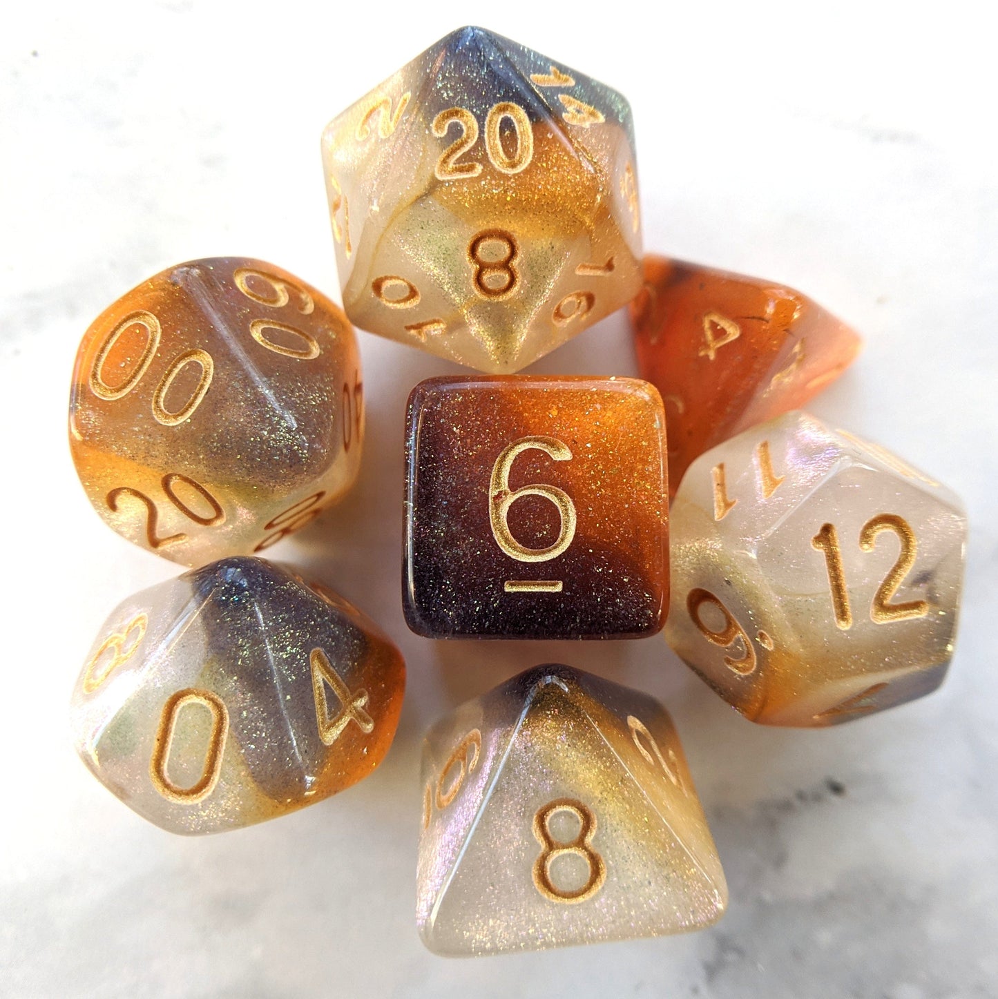 Cat Claws Dice Set. Orange, White, and Black Marbled Micro Shimmer Dice sets Fennek and Finch