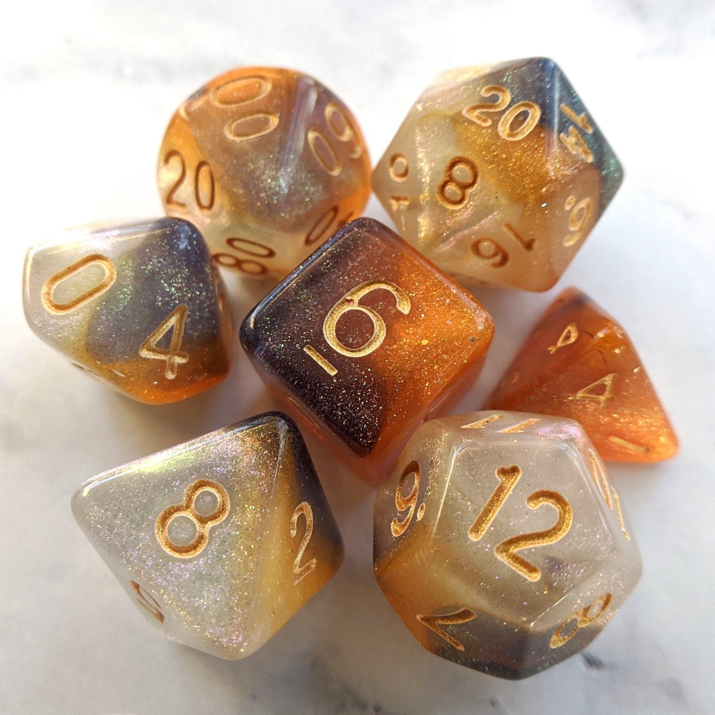 Cat Claws Dice Set. Orange, White, and Black Marbled Micro Shimmer Dice sets Fennek and Finch