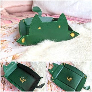 Emerald green cat-shaped dice rolling tray, perfect for DnD games, shown assembled and folded flat on a soft surface.