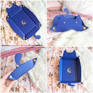 Indigo blue cat shaped dice rolling tray for Dungeons and Dragons, flat and snapped together for play, with moon design.