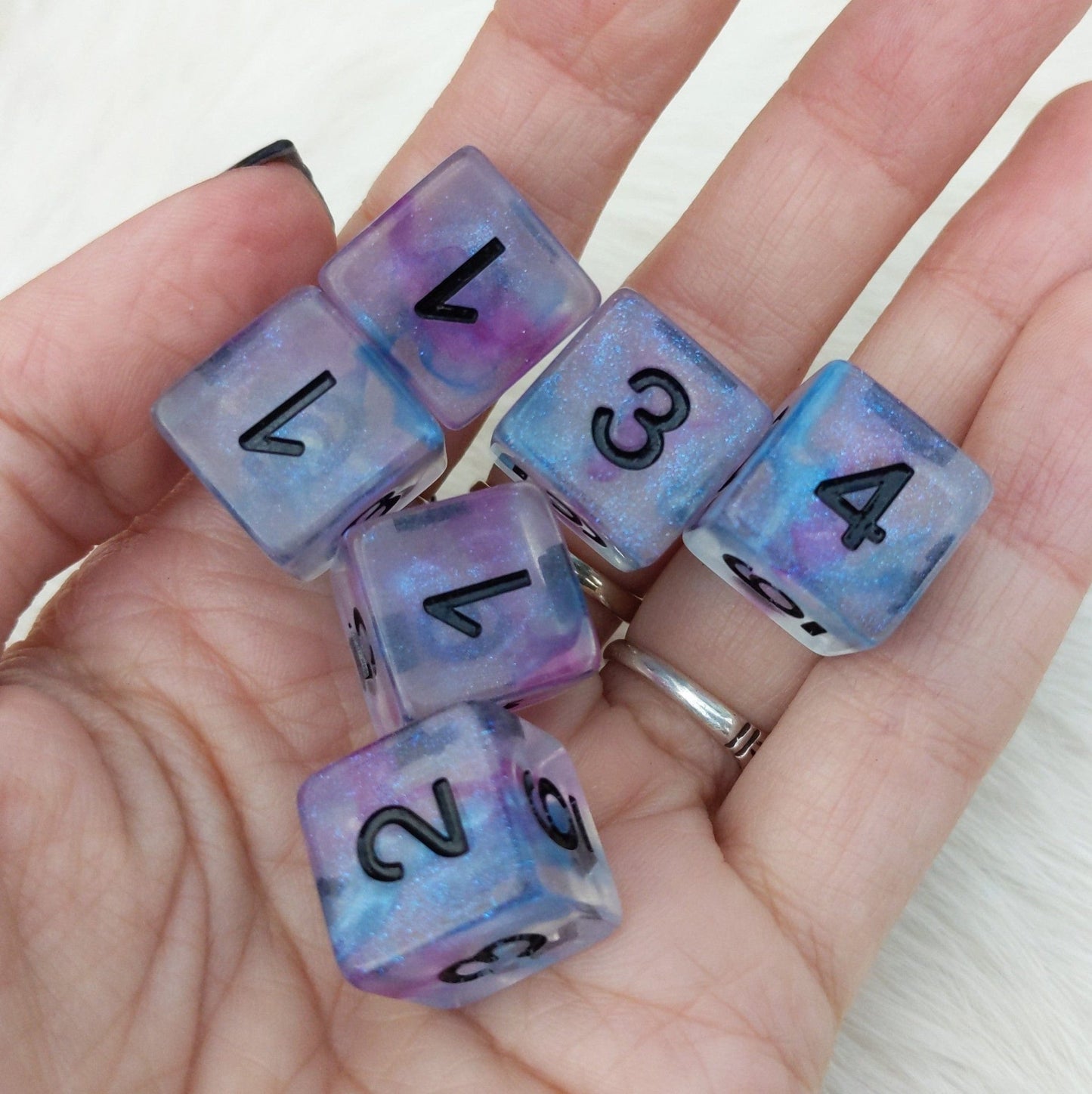 Ceremonial Chrome D6 Set – 6-Piece Clear Micro Shimmer Blue Purple Ink Black Font Dice Sets & Games Fennek and Finch