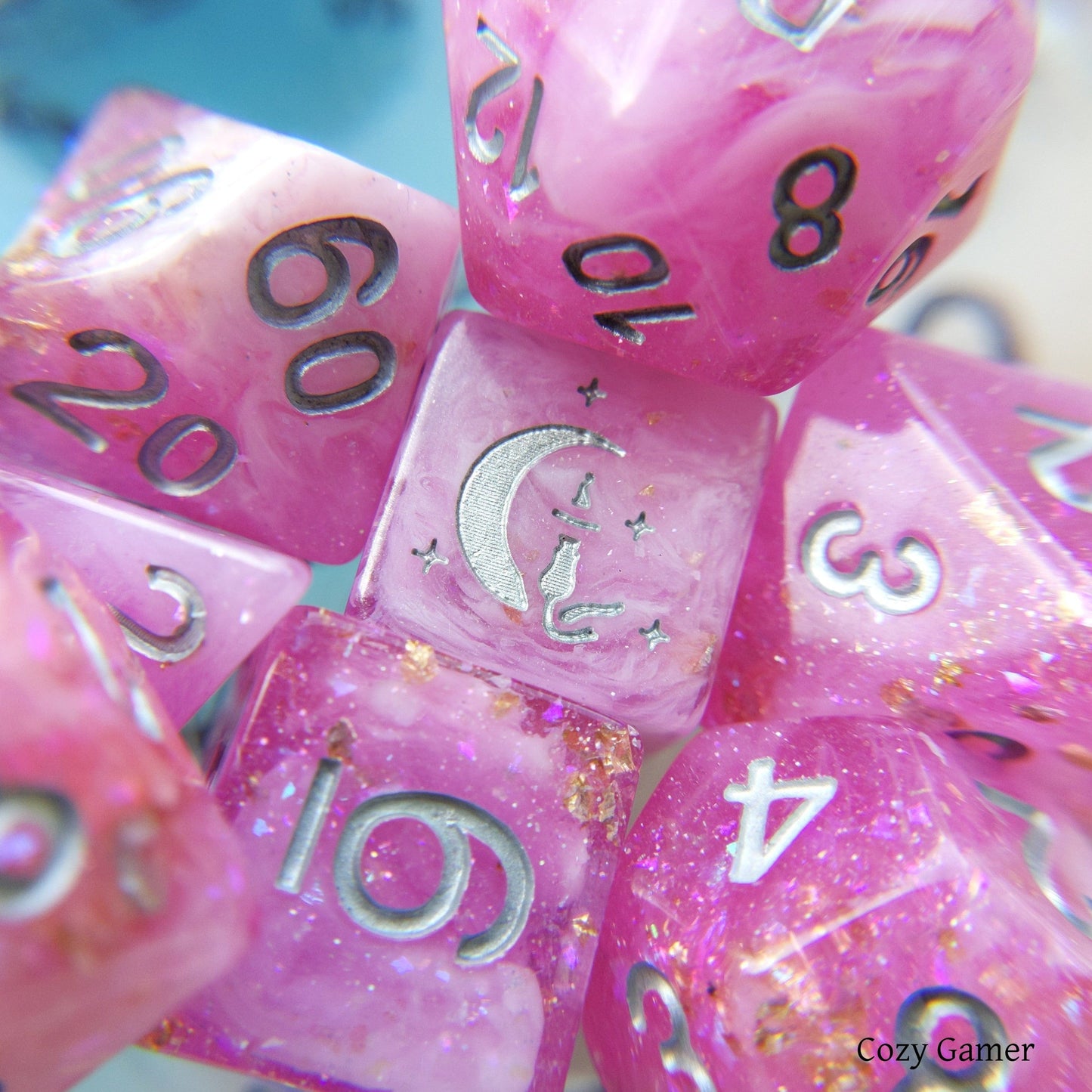 Cherry Blossom 8 Piece Dice Set. Clear Pink and White Marble, with Glitter and Foil Dice sets Fennek and Finch