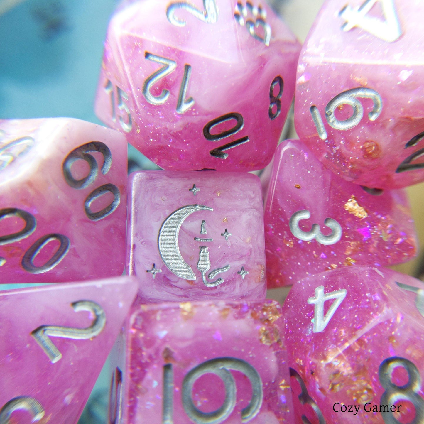 Cherry Blossom 8 Piece Dice Set. Clear Pink and White Marble, with Glitter and Foil Dice sets Fennek and Finch