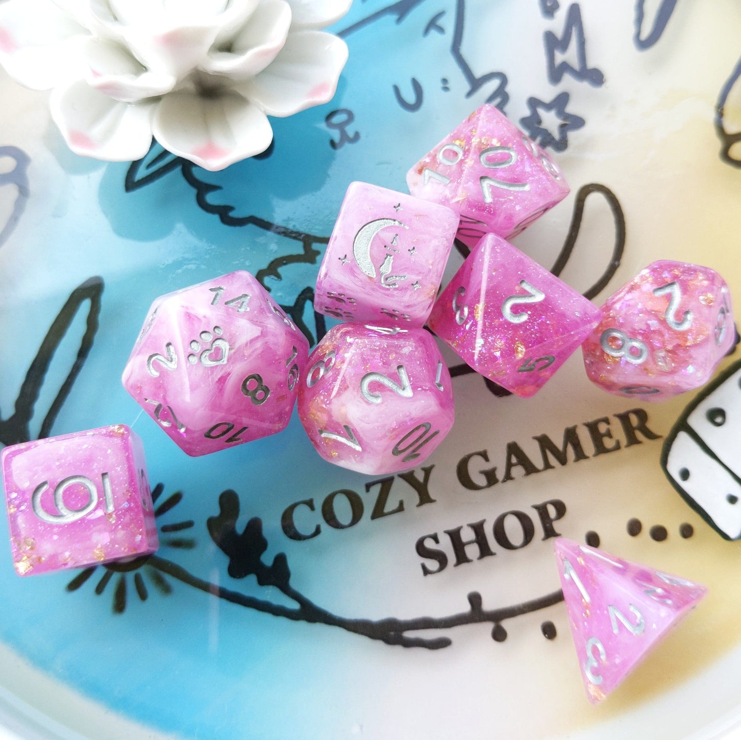 Cherry Blossom 8 Piece Dice Set. Clear Pink and White Marble, with Glitter and Foil Dice sets Fennek and Finch