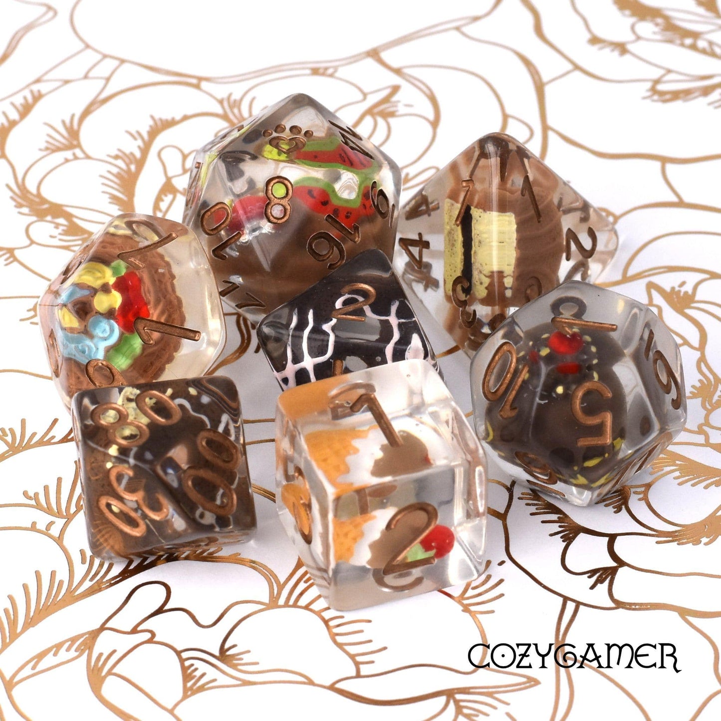 Chocolate Pastry Dice Set. 7 Piece large dice set with miniature pastries inside.