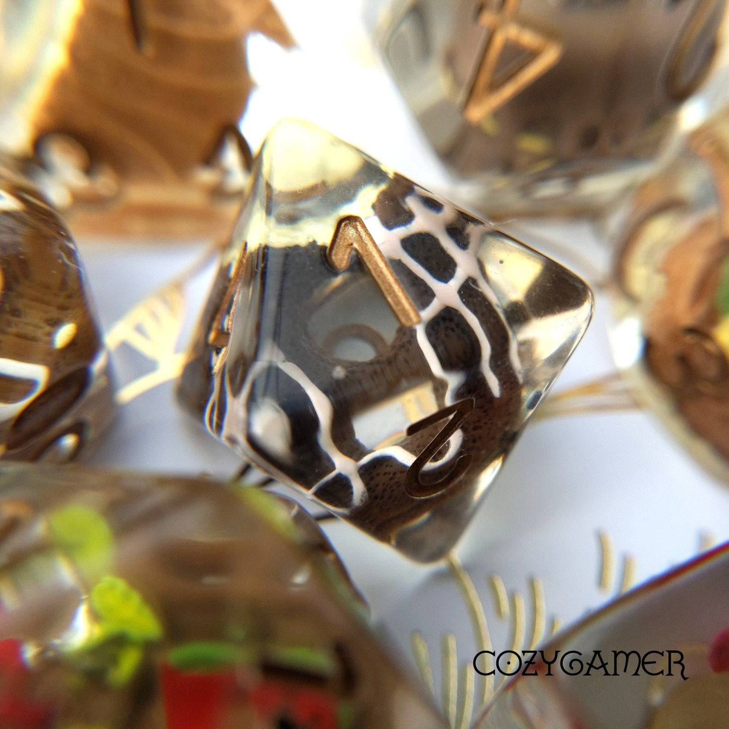 Chocolate Pastry Dice Set. 7 Piece large dice set with miniature pastries inside.