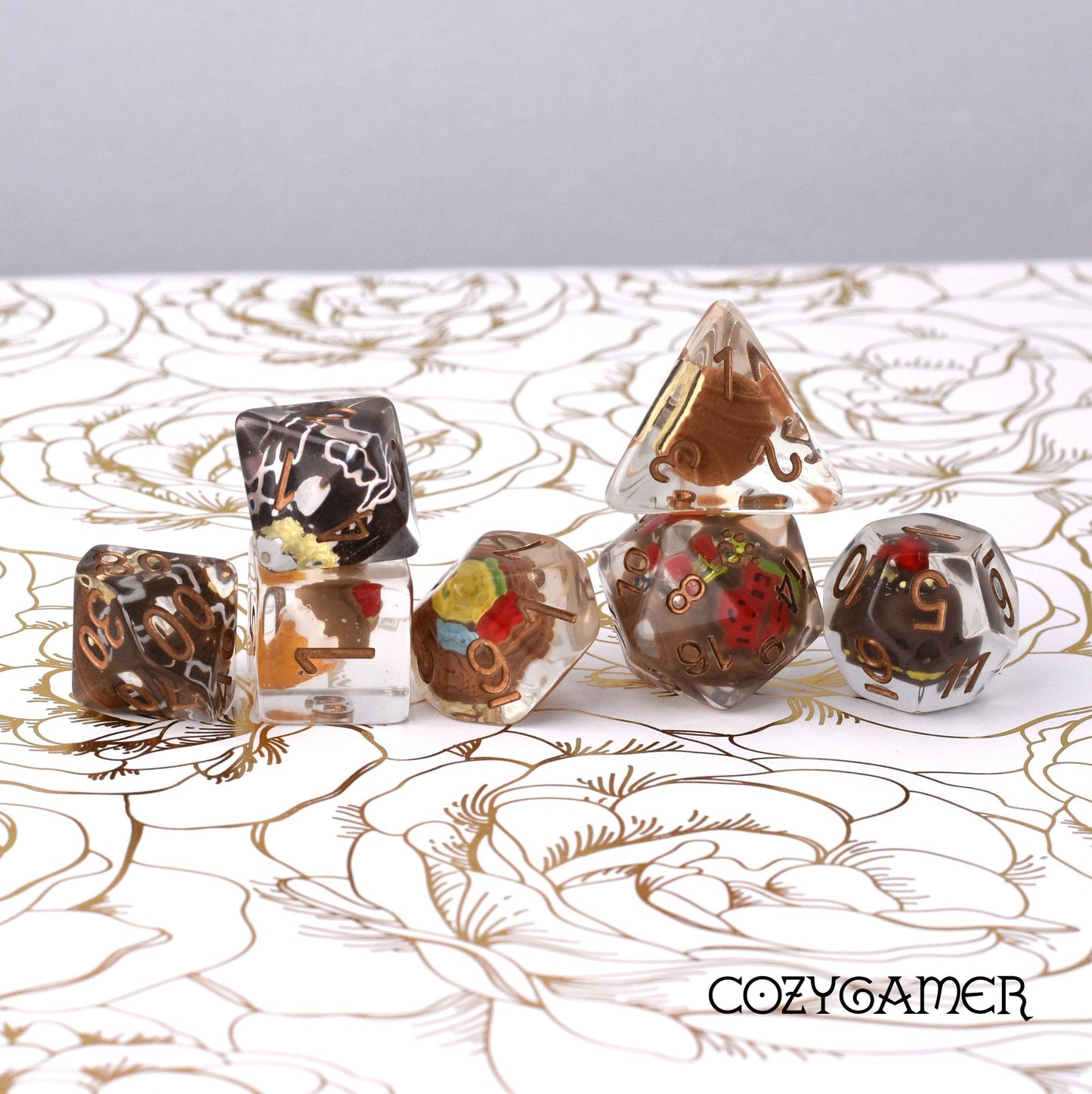 Chocolate Pastry Dice Set. 7 Piece large dice set with miniature pastries inside.