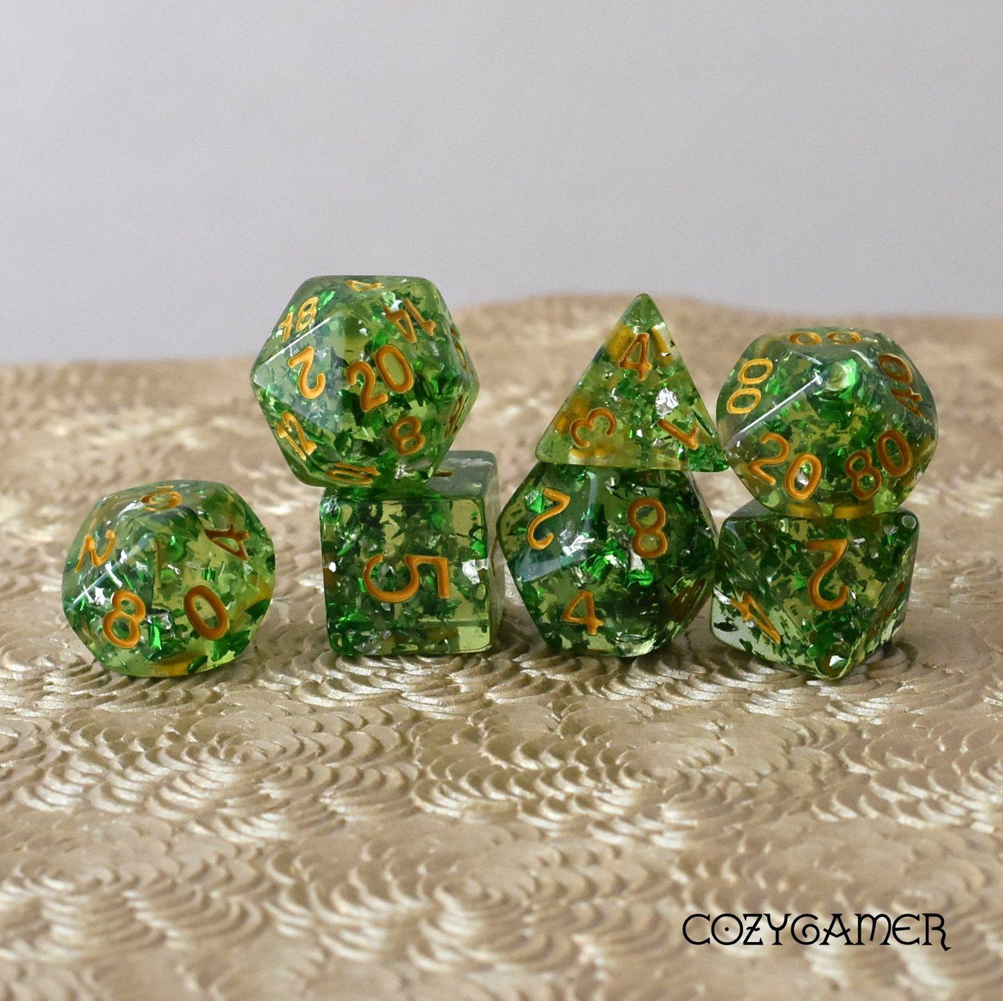 Clear Green Scepter Dice Set. Translucent with Green and Silver Flakes