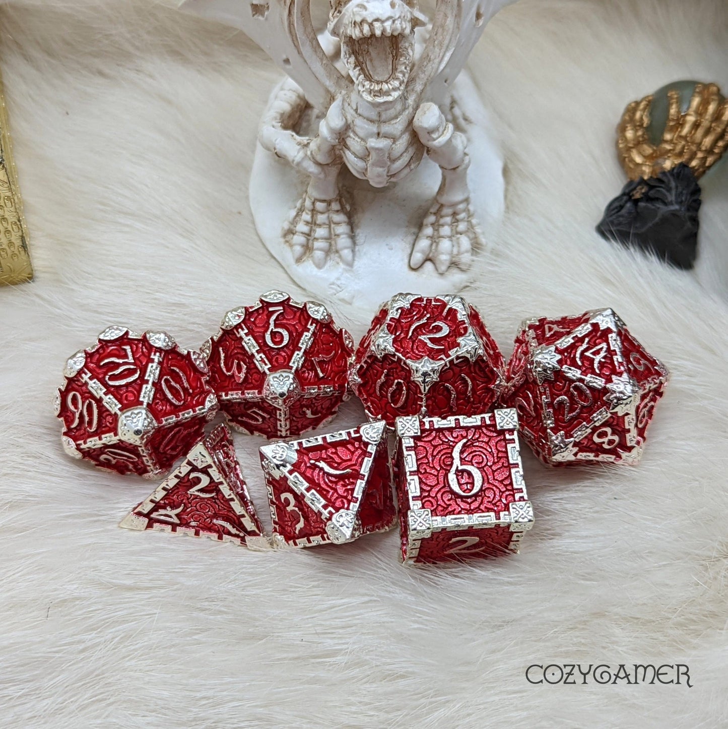 Cloud Dagger Metal Dice Set – 7 - Piece Red Silver DnD Dice - Fennek and Finch